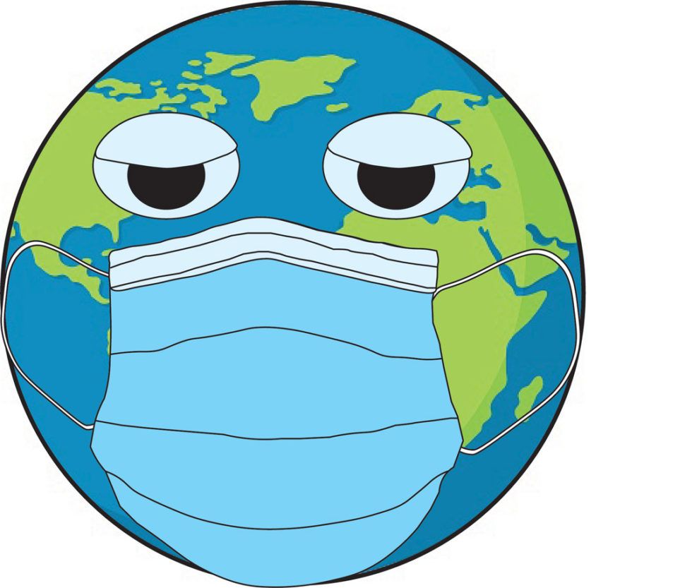 Covid Globe Graphic of a globe wearing a medical mask looking exhausted.